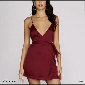 LULUS burgundy satin sleeveless wrap dress
